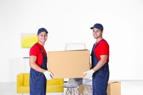 Packed office boxes and equipment ready for delivery to a new premises