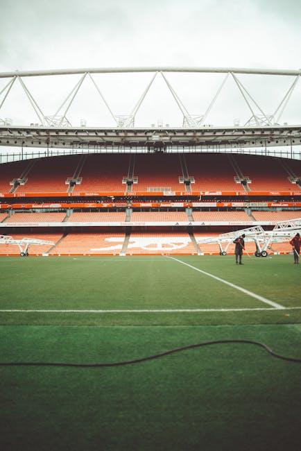Inside a large sports stadium with a partially cloudy sky overhead, the image shows a green grass football pitch in the foreground, marked with white lines. In the middle of the pitch, two workers are engaged in a home relocation process, lifting or moving a wheeled trolley and a stacking of cardboard boxes secured with plastic wraps. Surrounding the pitch, there are orange and black stadium seats arranged in tiers, with a prominent white logo visible on the seating area. Structural elements such as a large white canopy or roof support beams extend across the top of the image, providing shelter for spectators. The scene captures the logistics of furniture transport or packing and moving activities happening within the stadium, possibly preparing for an event or a move. This environment reflects a professional moving setting, with emphasis on careful handling of items and efficient loading procedures as part of a comprehensive removals service by Man with Van Islington.