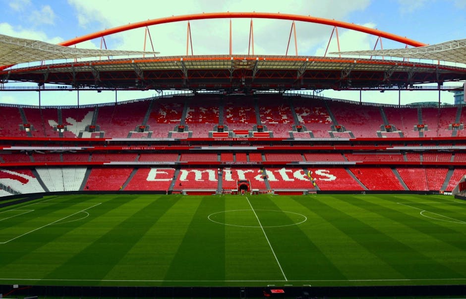 A panoramic view of the interior of Emirates Stadium during a home football match, with red and white seating arranged in tiered sections surrounding a well-maintained grass pitch. The seats feature the Emirates logo in large white letters on the central section. The roof structure extends over the stands, supported by orange beams, and the sky is clear with minimal clouds. This image highlights the stadium's seating and field layout, which is relevant for house removals and moving services planning logistics around sports event schedules, as managed by companies like Man with Van Islington.
